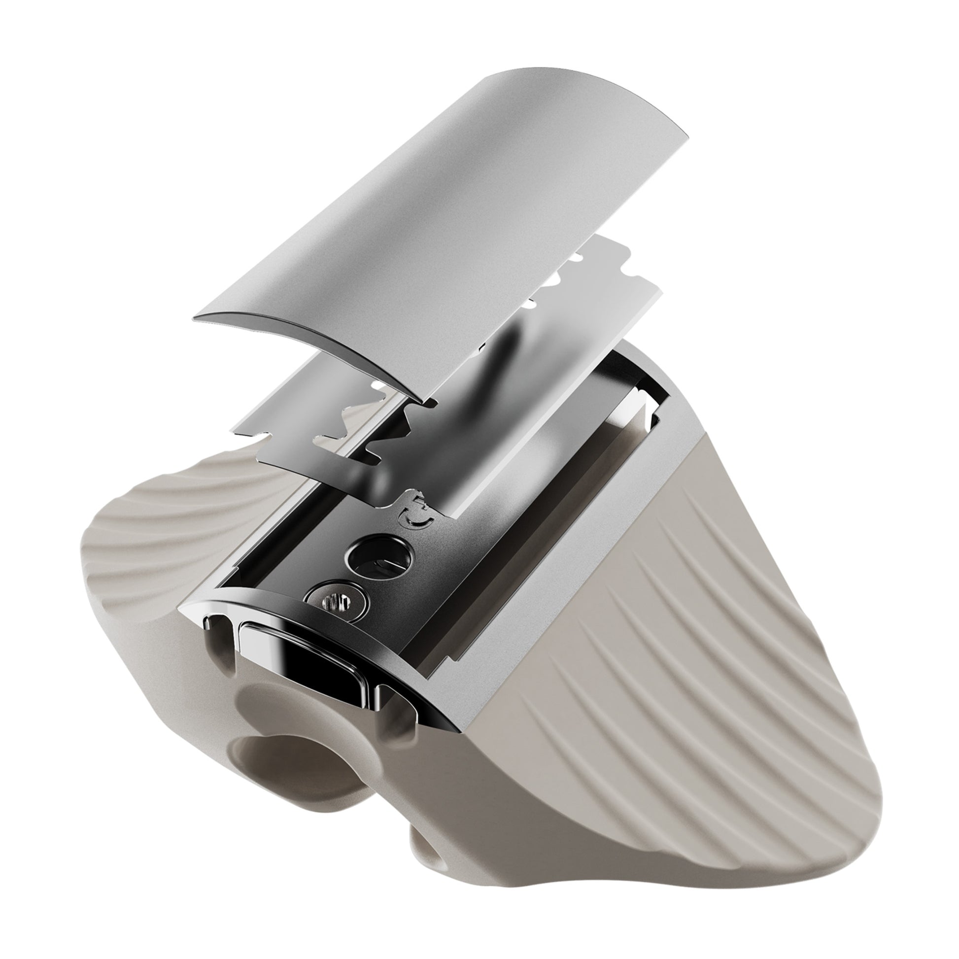 Gray and silver device with a unique design on a white background
